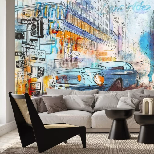 Papier peint  Voiture rétro dans la rue, paysage aquarelle