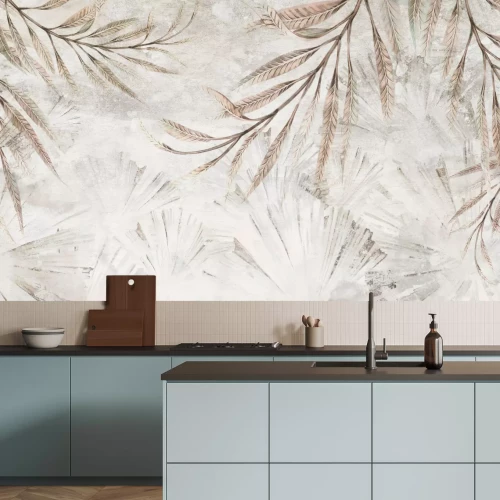 Papier peint  Feuilles tropicales sur un fond texturé dans des tons de gris