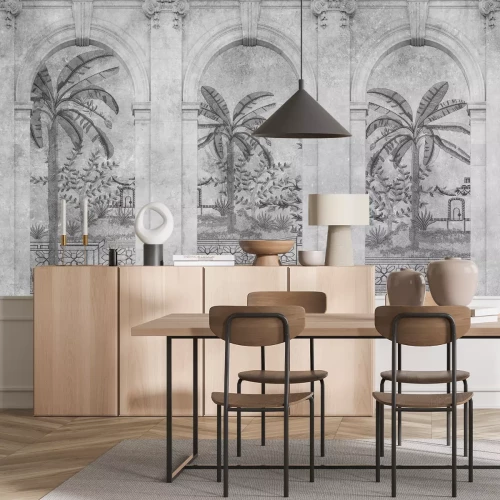 Papier peint  Palmiers et plantes tropicales parmi les arches architecturales