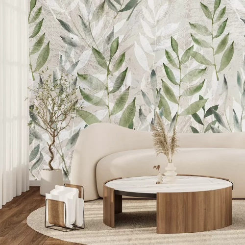 Papier peint  Feuilles blanches et vertes dans un style aquarelle