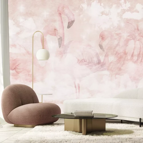 Papier peint  Une fresque de flamants roses sur un fond texturé