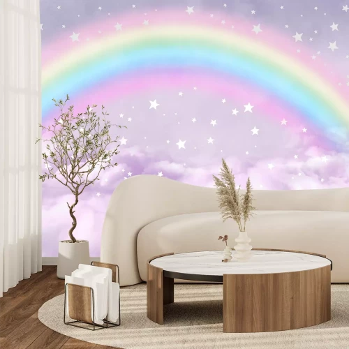 Papier peint  Un arc-en-ciel parmi des nuages violets et des étoiles
