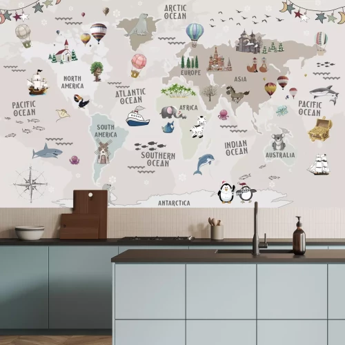 Papier peint  Carte du monde pour enfants avec animaux et monuments