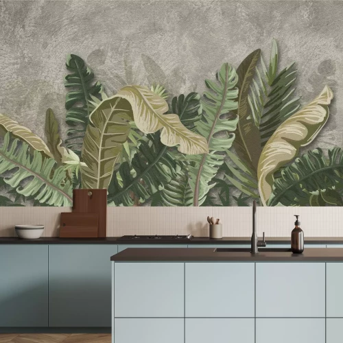 Papier peint  Grandes feuilles tropicales vertes sur fond gris