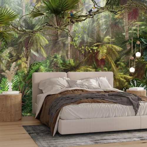 Papier peint  Oiseaux dans la jungle tropicale parmi la végétation dense