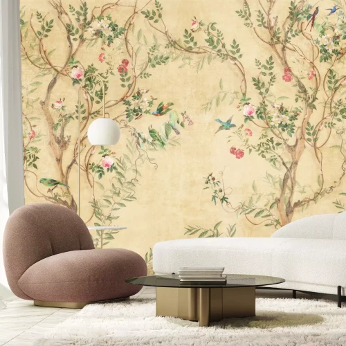 Papier peint  Oiseaux et arbres à fleurs roses