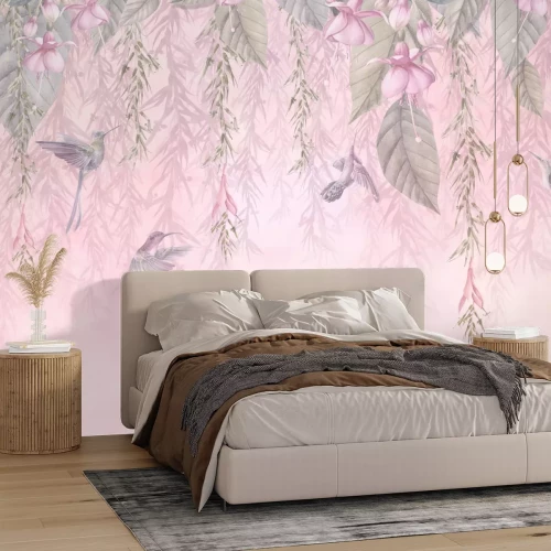 Papier peint  Colibris parmi les fleurs et les feuilles sur fond rose