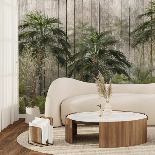 Papier peint  Plantes tropicales sur fond de planches de bois