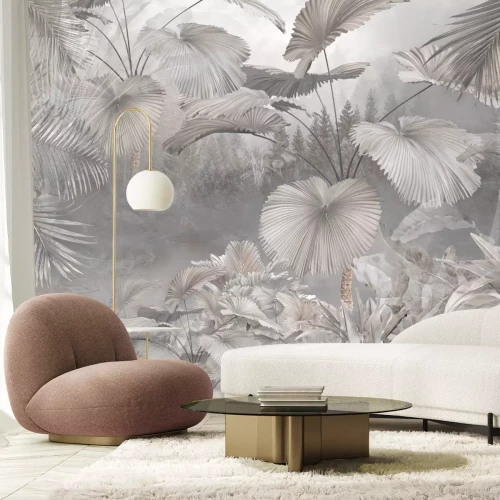 Papier peint  Forêt tropicale avec des plantes aux nuances de gris