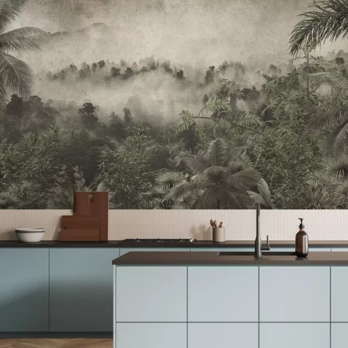 Papier peint  Forêt tropicale brumeuse avec des montagnes en arrière-plan
