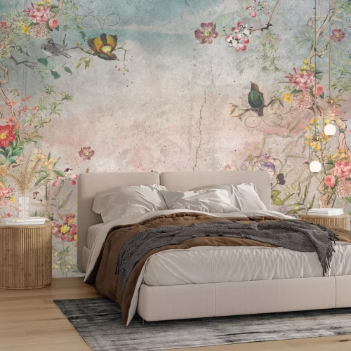 Papier peint  Fleurs et oiseaux dans un jardin coloré