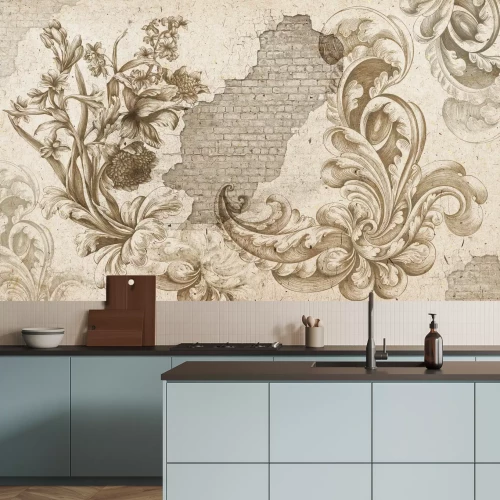 Papier peint  Fleurs et ornements sur fond de béton