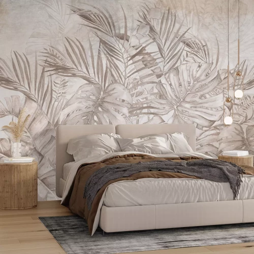 Papier peint  Motif beige Monstera et feuilles de palmier