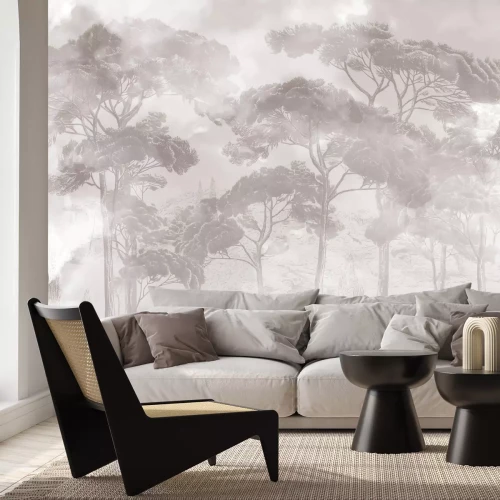 Papier peint  Paysage de forêt brumeuse en beige