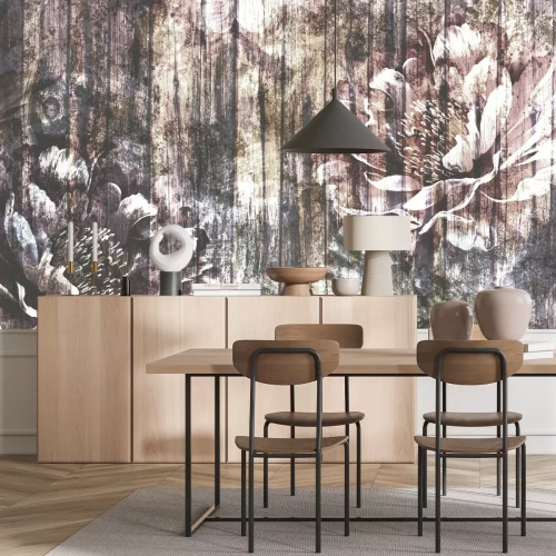 Papier peint  Fleurs de pivoine roses sur bois