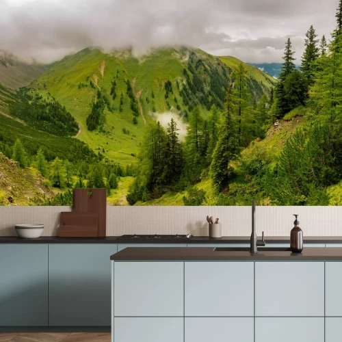 Papier peint  Paysage de montagne verdoyant avec des conifères