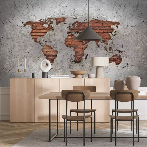 Papier peint  Carte du monde en briques rouges sur béton