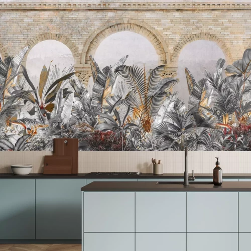 Papier peint  Plantes tropicales sur fond de mur avec arches