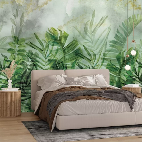 Papier peint  Feuilles sur fond aquarelle vert