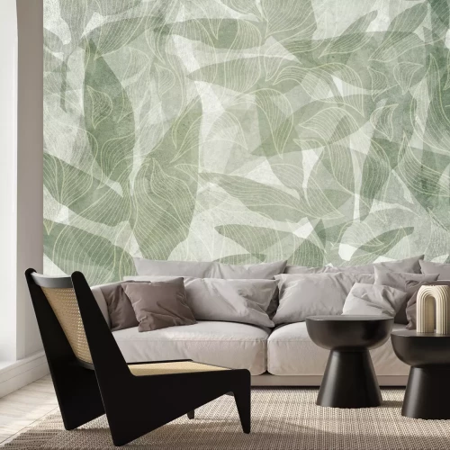 Papier peint  Feuilles vertes et formes géométriques