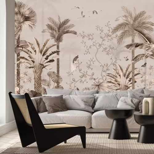 Papier peint  Palmiers et oiseaux dans la composition tropicale de la jungle