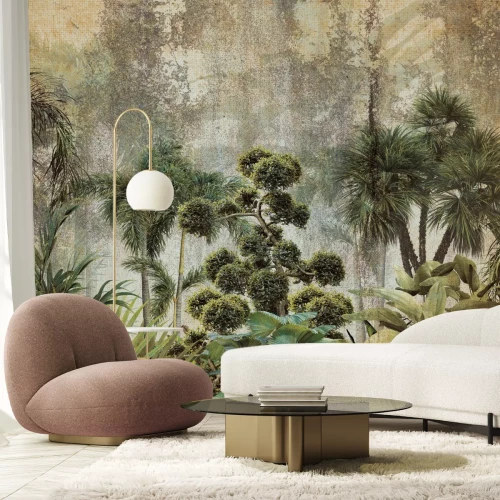 Papier peint  Végétation exotique sur fond de béton, composition verte
