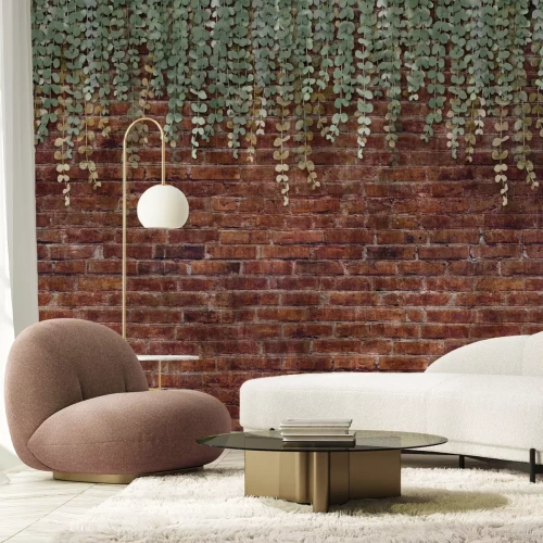 Papier peint  Feuilles vertes 3D sur fond de briques rouges