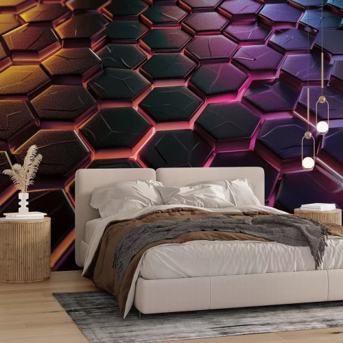 Papier peint  Hexagones noirs géométriques sur fond néon