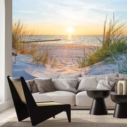 Papier peint  Dunes de sable sur la plage avec vue sur la mer et le coucher du soleil