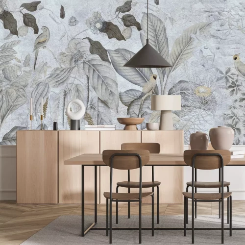 Papier peint  Composition d'oiseaux sur des feuilles exotiques