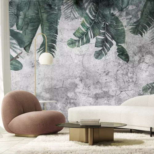 Papier peint  Feuilles tropicales suspendues sur un mur en béton gris foncé