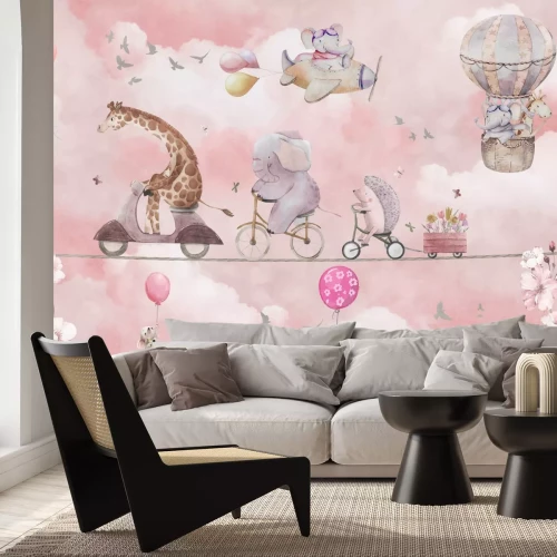Papier peint  Animaux sur fond de nuages roses, style aquarelle