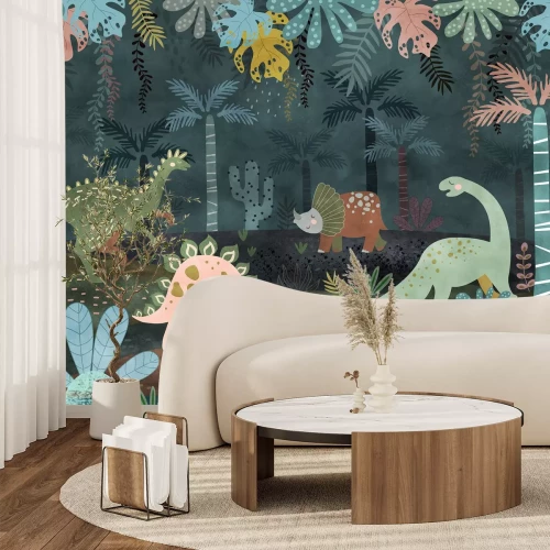 Papier peint  Dinosaures dans une forêt tropicale avec des plantes et des feuilles colorées