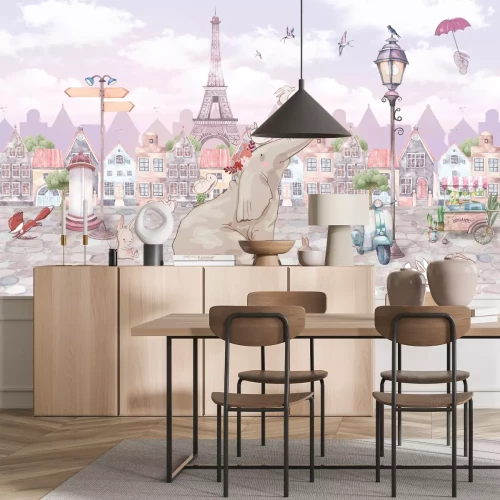 Papier peint  Éléphant et animaux à Paris avec la Tour Eiffel en arrière-plan dans un style aquarelle