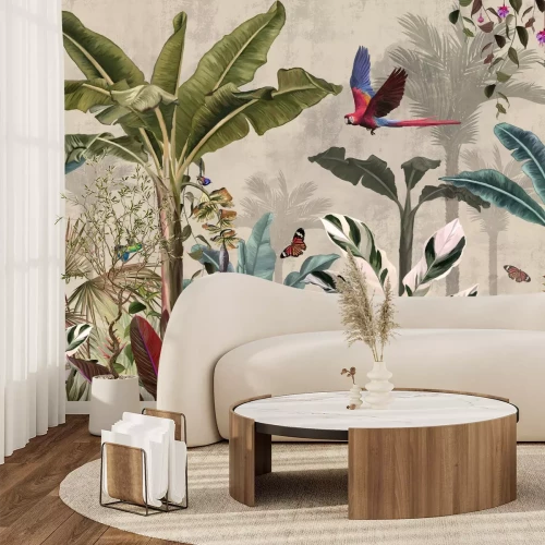 Papier peint  Plantes de la jungle tropicale avec des oiseaux et des papillons