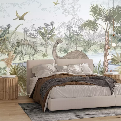 Papier peint  Paysage tropical avec un volcan et des dinosaures