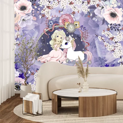 Papier peint  Princesse et licorne blanche parmi les fleurs