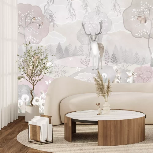 Papier peint  Paysage à l'aquarelle avec des animaux de la forêt