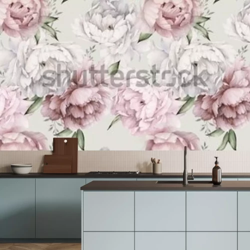 Papier peint  Pivoines roses et blanches dans un style aquarelle
