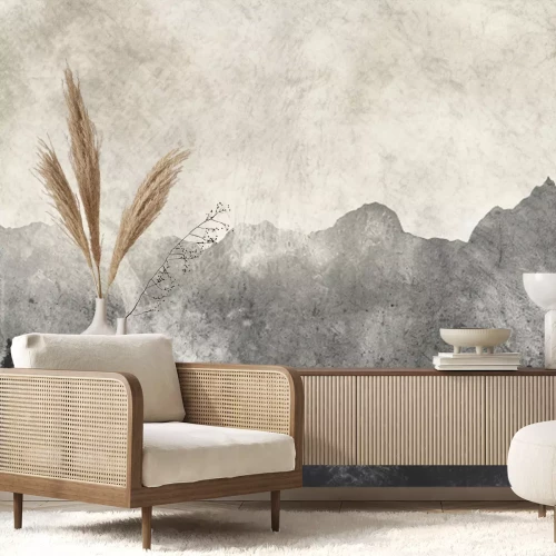 Papier peint  Un paysage minimaliste avec une forêt et des montagnes sur un fond texturé.