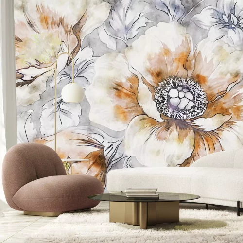 Papier peint  Fleurs à l'aquarelle sur fond gris