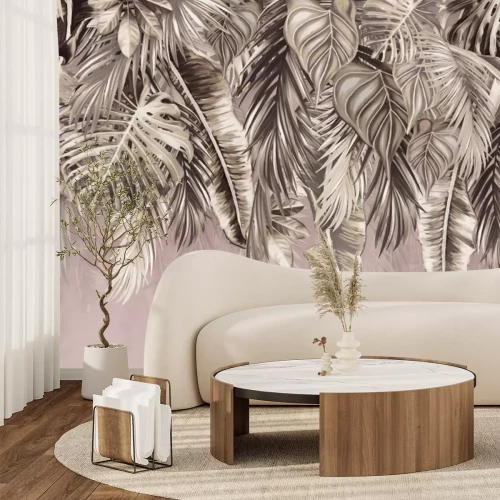 Papier peint  Feuilles tropicales suspendues au-dessus sur un fond pastel