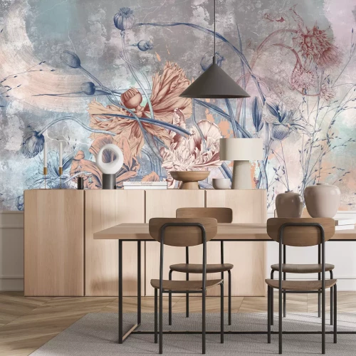 Papier peint  Fleurs sauvages et coquelicots sur un fond de béton de style industriel