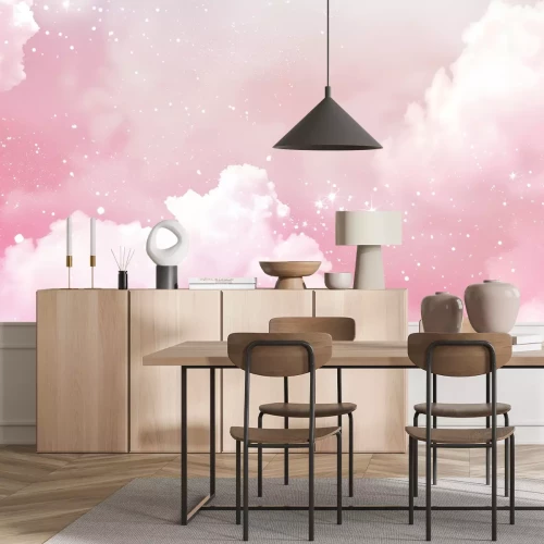 Papier peint  Nuages épais et étoiles dans le ciel rose