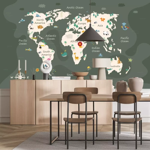 Papier peint  Une carte du monde pour enfants avec des animaux sur fond vert