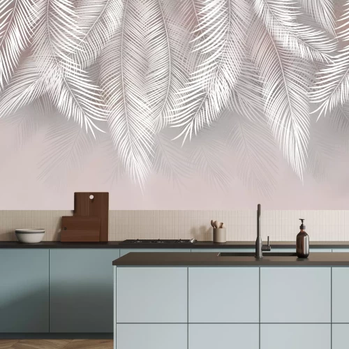 Papier peint  Feuilles de palmier tropicales suspendues au-dessus sur un fond pastel