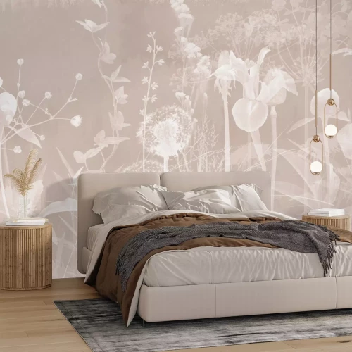 Papier peint  Fleurs sauvages et plantes blanches sur fond beige