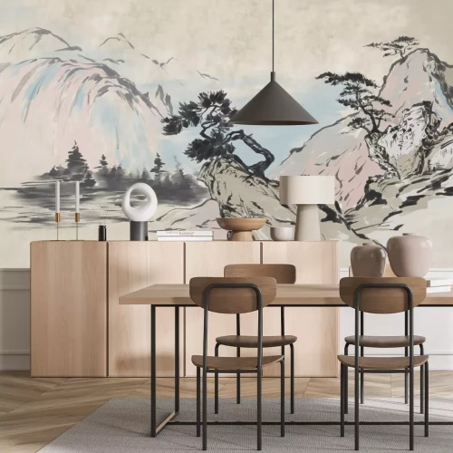 Papier peint  Arbres sur rochers avec montagnes en arrière-plan, paysage de style chinois