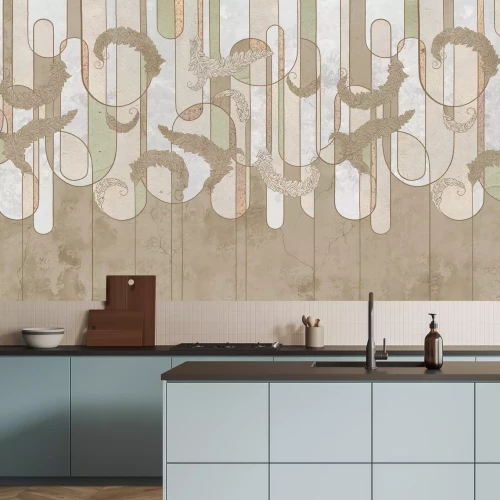 Papier peint  Feuilles et formes géométriques sur un fond texturé