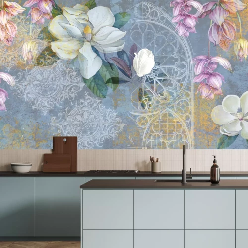 Papier peint  Fleurs sur fond d'ornements avec un fond en béton